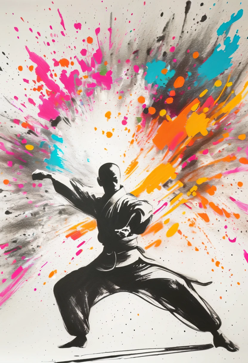 scribble art，ink splatter，Wild，splash ink painting，Abstraction，rich and colorful，Vague dreams，Dynamic energy,publish creation，visual impact,modern aesthetic,Elegant and simple,Contemporary interpretation,be bold,Chinese Kung Fu