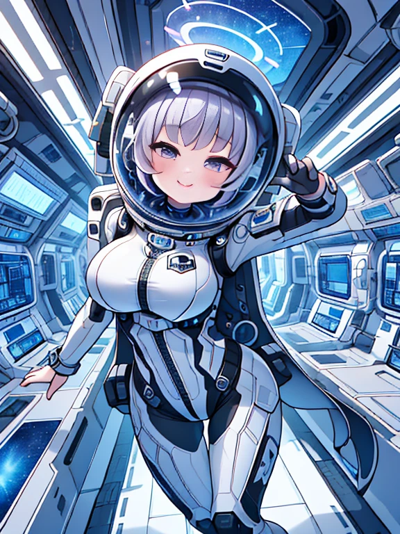 very detailed、masterpiece、high quality、one high school girl、12 years old、(helmet):1.5,(Black and white spacesuit、accent)、front zipper、(futuristic, Tight Fit Bodysuit)、headphone、Cyberpunk space station interior background、(Colorful purple hair), (pink eyes), change,twin tails,sassy change，cheey change，mesugaki,girl,天才girl、(big breasts):1.0,(blush):1.1halo,(bing astronaut)
