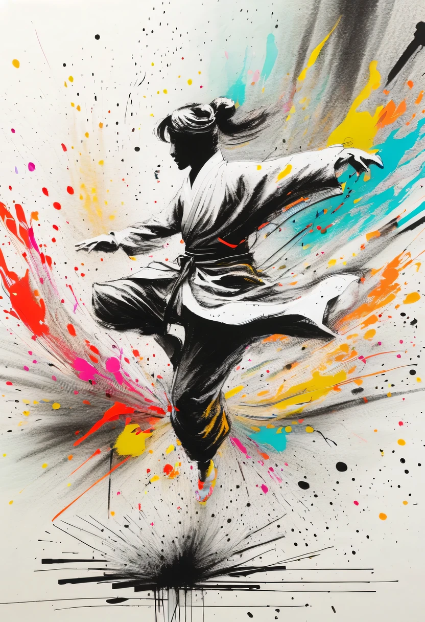 scribble art，ink splatter，Wild，splash ink painting，Abstraction，rich and colorful，Vague dreams，Dynamic energy,publish creation，visual impact,modern aesthetic,Elegant and simple,Contemporary interpretation,be bold,Chinese Kung Fu