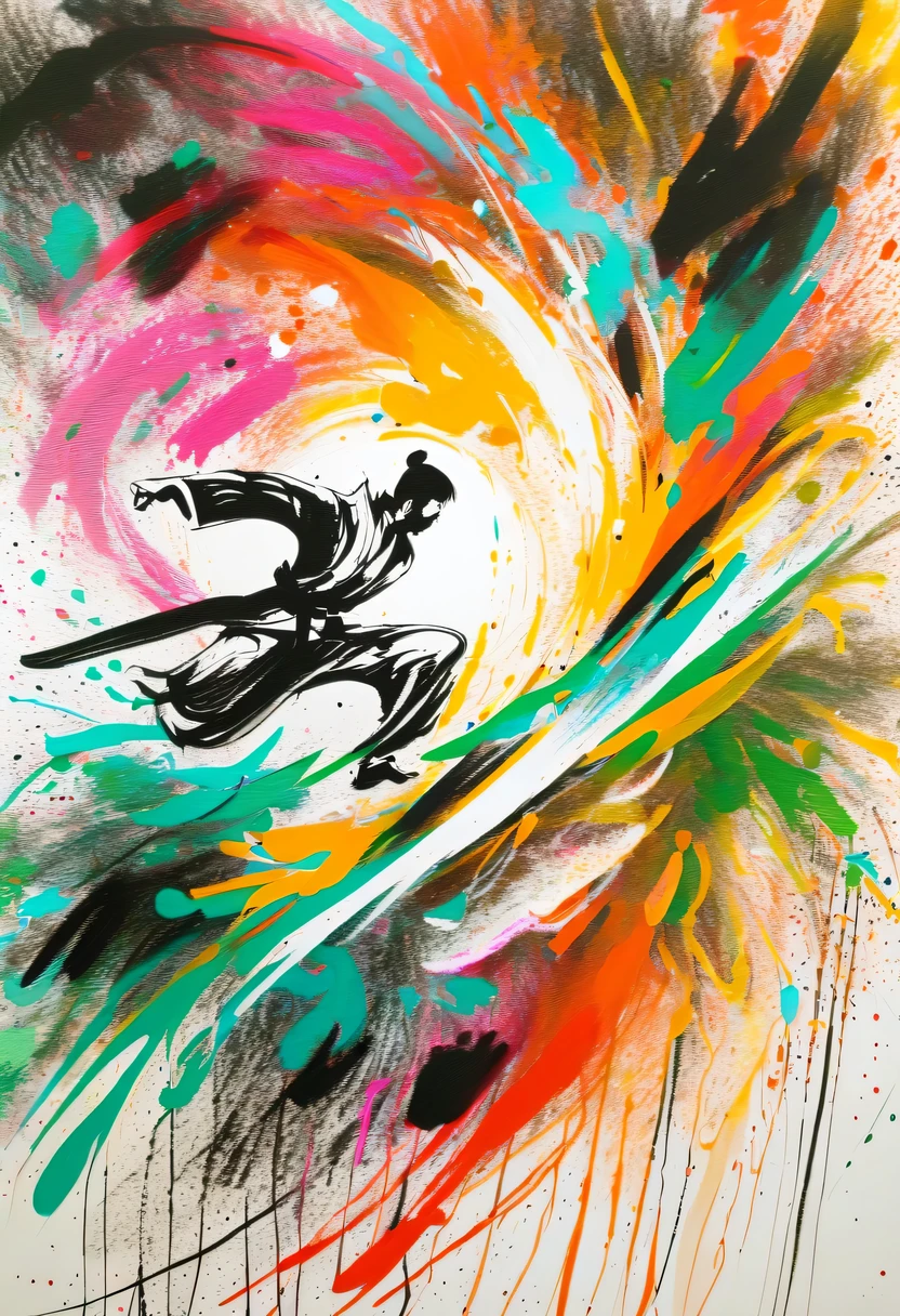 scribble art,ink splatter,Wild,splash ink painting,Abstraction,rich and colorful,Vague dreams,Dynamic energy,publish creation,visual impact,modern aesthetic,Elegant and simple,Contemporary interpretation,be bold,Chinese Kung Fu