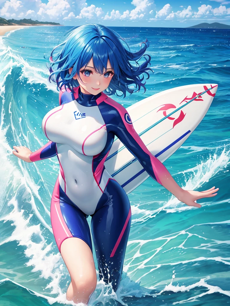  sunlight, masterpiece, highest quality, Detailed CG image quality, ((1 girl)),Againm,Again:zero,blue hair,short hair, alone, smile, pink lipstick, red cheeks, Blue sea with high waves, The best blue sky, White cloud, ((surfing)), (big breasts), (Wetsuits), ((hard erected )), light perm hair, hair blowing in the wind, splash water, detailed face, fine eyes, whole body angle, High quality water, super settings, Sexy Model Pose,  ((Angle from inseam 10 cm)),  