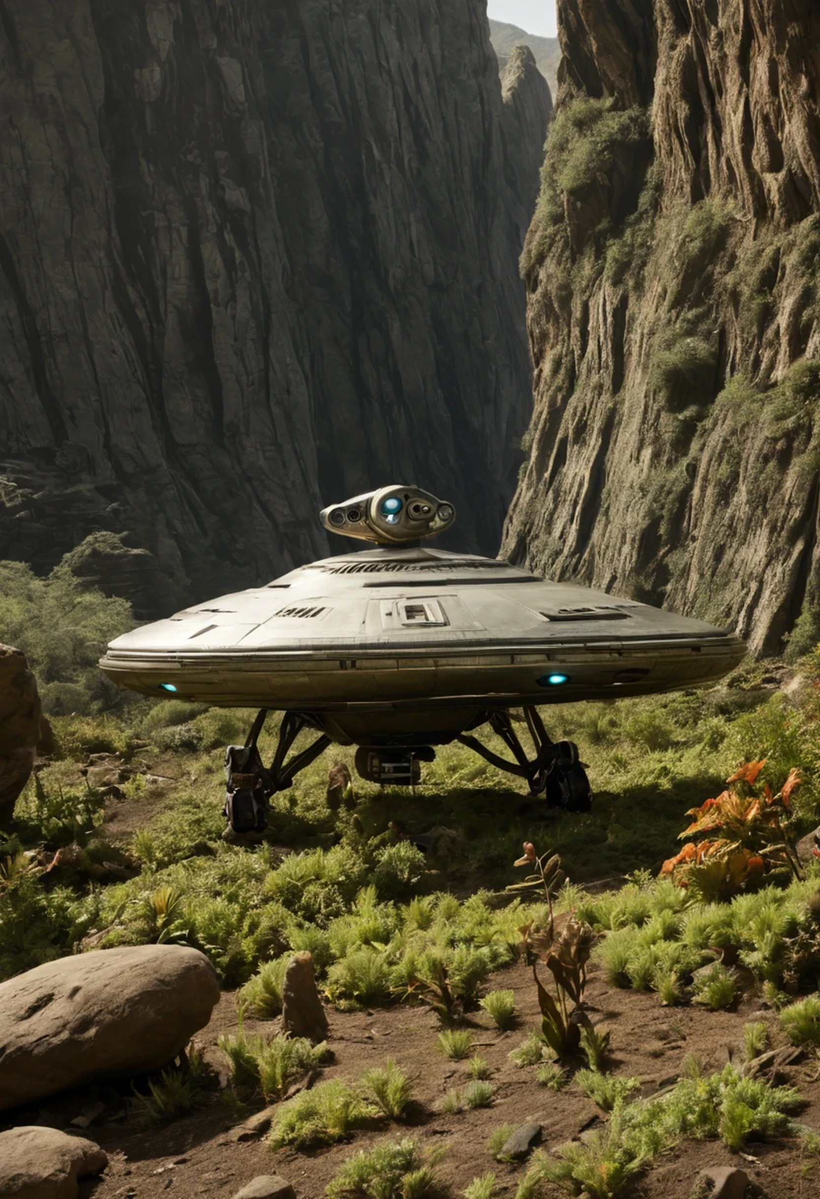 cena de ação incluindo um robot, personagens correndo, Crew of an old starship from a 1960s TV series in a rustic, planeta pitoresco, lost in space, with scenic plants and rocks, republic series, Programa de TV de Irwin Allen, Science fiction, Uniformes de acampamento coloridos estilo Star Trek e Lost in Space, retro look, vintage, estilo antigo, rostos perfeitos tipo atores dos anos de 1960, ((ROSTOS PERFEITOS)), large very colorful scenery, cogumelos gigantes, Alien plants, ((ROSTOS PERFEITOS)), include an alien in the crew, rostos melhorados, alienogen, robot, Planeta Extraterrestre, TV studio lighting, fake scenario, put an alien in the scene, colocar um robot em cena