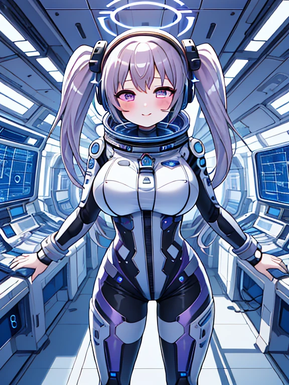 very detailed、masterpiece、high quality、one high school girl、12 years old、(helmet):1.4,(Black and white spacesuit、accent)、front zipper、(futuristic, Tight Fit Bodysuit)、headphone、Cyberpunk space station interior background、(Colorful purple hair), (pink eyes),(beautiful eyes), change,twin tails,sassy change，cheey change，mesugaki,girl,天才girl、(big breasts):1.0,(blush):1.1halo,(bing astronaut)