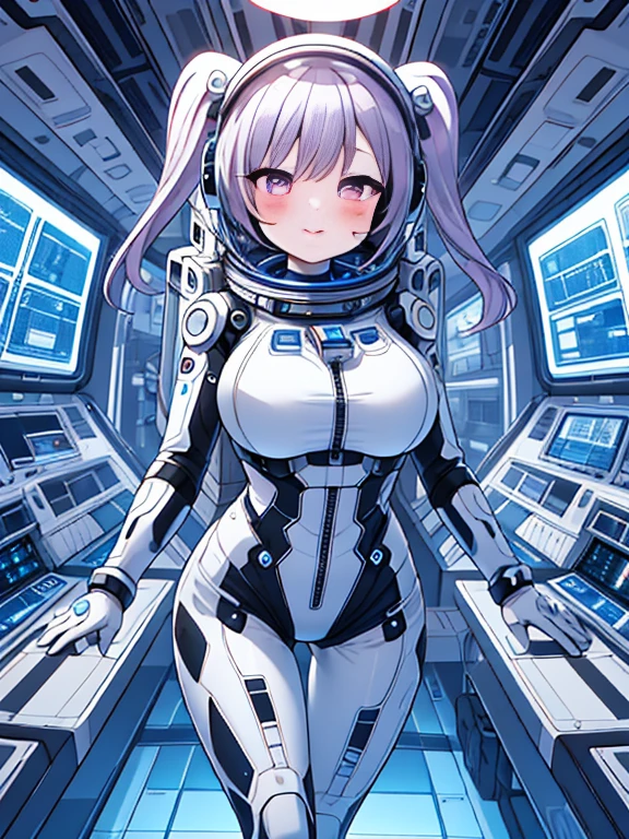 very detailed、masterpiece、high quality、one high school girl、12 years old、(helmet):1.4,(Black and white spacesuit、accent)、front zipper、(futuristic, Tight Fit Bodysuit)、headphone、Cyberpunk space station interior background、(Colorful purple hair), (pink eyes),(beautiful eyes), change,twin tails,sassy change，cheey change，mesugaki,girl,天才girl、(big breasts):1.0,(blush):1.1halo,(bing astronaut)