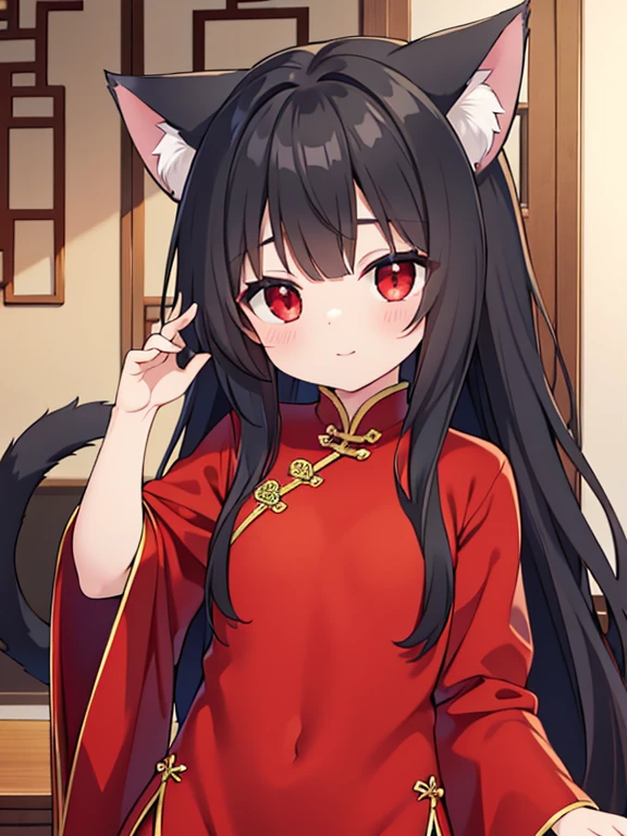 (best quality), (masterpiece), black hair, Ragged hair, wolf ears, red eyes, Chinese dress, cat pose