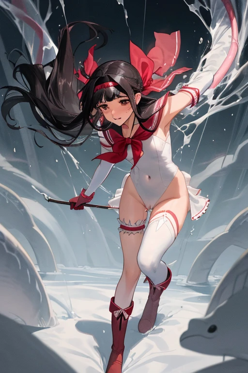 {{{{amazing quality, great quality, high quality, very aesthetic, aesthetic, best quality}}}},
realistic, photo, shadow, Three-dimensional, absurdres, Digital art,
{{{{Magical girl}}}}, beautiful girl, one girl,
black hair, long straight hair, hair, trimmed hair, shiny hair, blunt bangs, short sideburns,
brown eyes, tareme,
{{{flat chest}}}, {{{detailed body}}}, slim thighs, thin thighs,
{{white leotard}, {leotard peek}}, {{pink sailor collar}}, {{pink elbow_gloves}}, {{red boots}},
ribbon trim, red bow tie, heart brooch, thigh strap, white headband, white circlet,
both shoulders expose, covered navel, groin, , Peeing,
{{magic circle}},
disheveled hair, troubled face,orgasmal pleashy, trembling, {{torn clothes}}, {{wet clothes}}, {{melted clothes}}, {{damaged clothes}}, cloudy liquid, soak in cloudy liquid, attacking multiple big snake, defeat, inferiority, tied behind the back, restraining legs, Trapped by multiple big snake, bind,