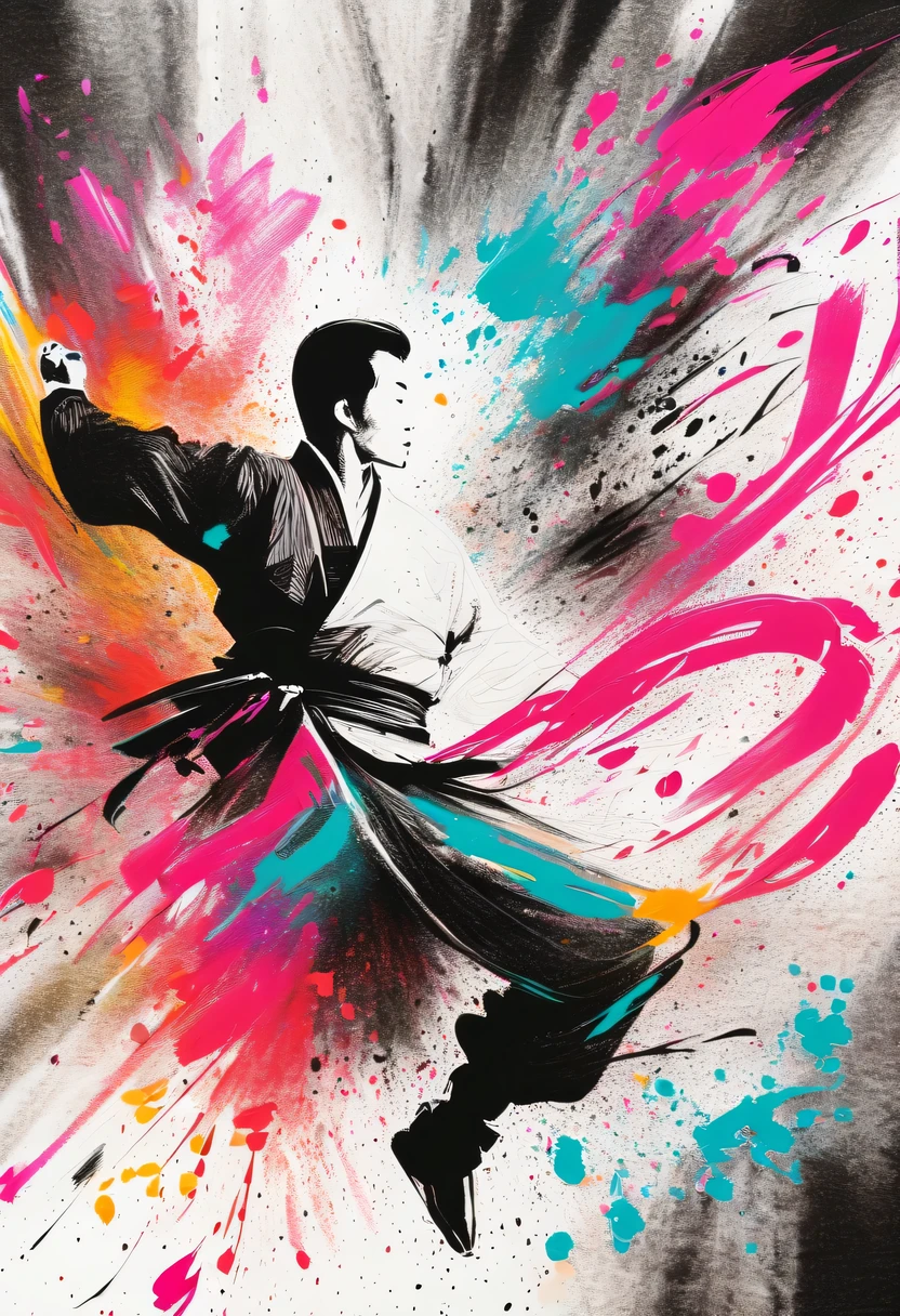 scribble art，ink splatter，Wild，splash ink painting，Abstraction，rich and colorful，Vague dreams，Dynamic energy,publish creation，visual impact,modern aesthetic,Elegant and simple,Contemporary interpretation,be bold,Chinese Kung Fu