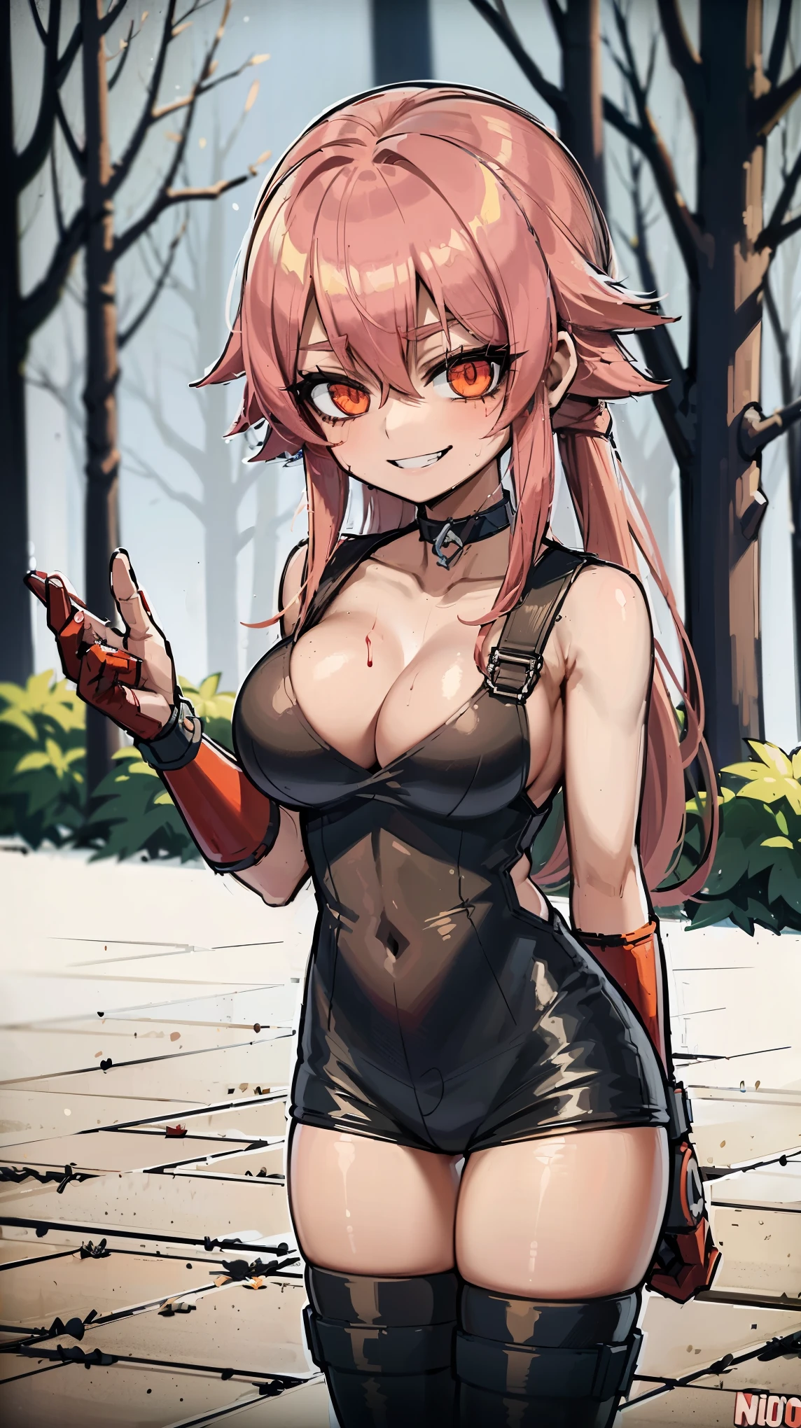 anime_still, masterpiece, best quality, Mario Striker Style, 1girl, Gasai Yuno, long hair, pink hair, low twintails, smile, naked, red eyes, (large breasts:1.5),1girl, black choker, dark grey, (overalls:1.25), leather gloves, black boots, ((nigth:1.5)), (chasing you through the woods BY yuno gasai), moonlight, blood on floor, horror scane, (evil smile:1.4), (evil eyes:1.6), (horror_movies:1.5), (woods:1.6),(dark:1.7), (out_boors), blood on hands,blood stain