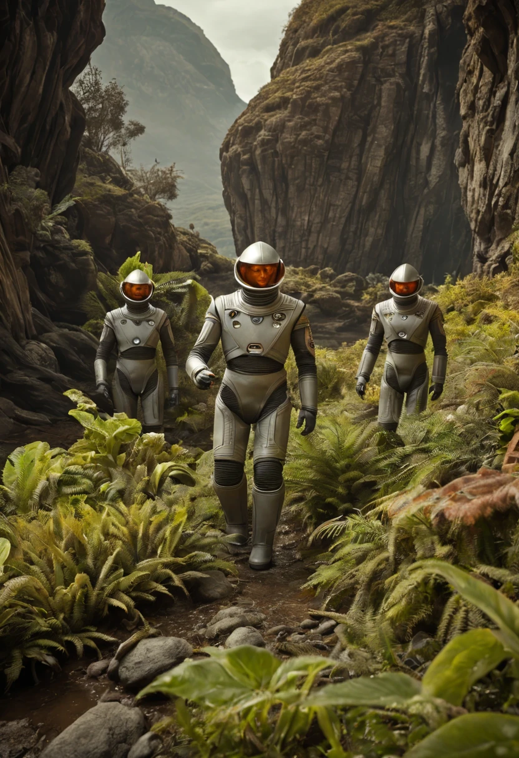 cena de ação incluindo um robot, personagens correndo, Crew of an old starship from a 1960s TV series in a rustic, planeta pitoresco, lost in space, with scenic plants and rocks, republic series, Programa de TV de Irwin Allen, Science fiction, Uniformes de acampamento coloridos estilo Star Trek e Lost in Space, retro look, vintage, estilo antigo, rostos perfeitos tipo atores dos anos de 1960, ((ROSTOS PERFEITOS)), large very colorful scenery, cogumelos gigantes, Alien plants, ((ROSTOS PERFEITOS)), include an alien in the crew, rostos melhorados, alienogen, robot, Planeta Extraterrestre, TV studio lighting, fake scenario, put an alien in the scene, colocar um robot em cena