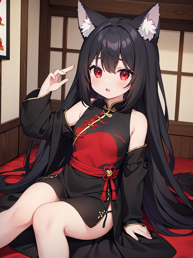 (best quality), (masterpiece), black hair, Ragged hair, wolf ears, red eyes, black Chinese dress, Begging