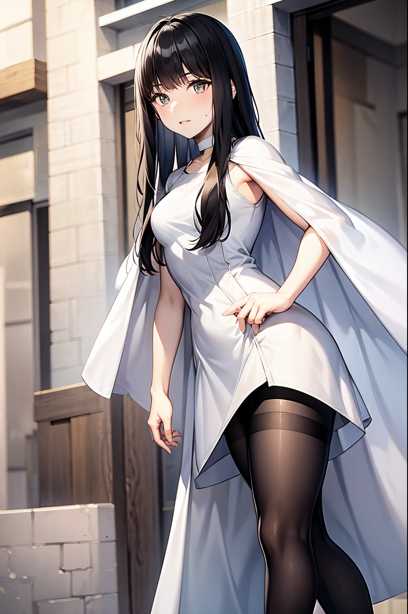 1girl, bangs, black hair, long hair, pantyhose, white dress, white choker, collarbone, cape