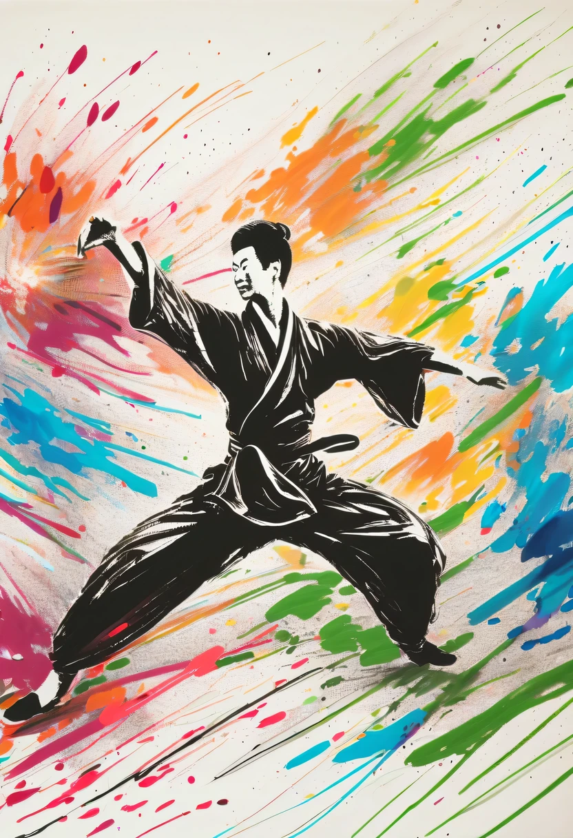 scribble art，ink splatter，Wild，splash ink painting，Abstraction，rich and colorful，Vague dreams，Dynamic energy,publish creation，visual impact,modern aesthetic,Elegant and simple,Contemporary interpretation,be bold,Chinese Kung Fu