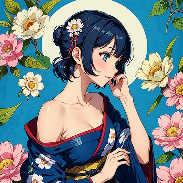 Amidst the vibrant Japanese pattern background of flowing flowers, the solitary girl with short hair sat contently. Her smile was radiant, accompanied by bangs framing her blue eyes. A decorative hair ornament adorned the top of her blue Lockes, complementing her closed mouth that hinted at serenity. Her upper body was clad in a beautiful kimono, adorned with intricate flower patterns, while white flowers danced around her, adding to the colorful ambiance. From the side, her profile revealed her elegant profile, her hands delicately folded in her lap, displaying the charm of tradition and beauty. A hair ornament of similar design crowned her head,