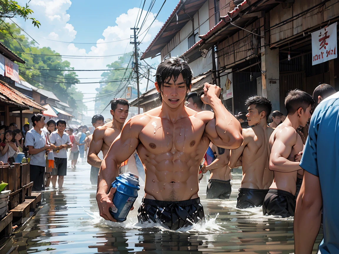 Many men, Songkran Day in Thailand.