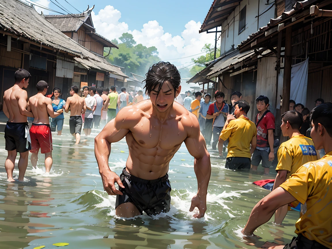 Many men, Songkran Day in Thailand.