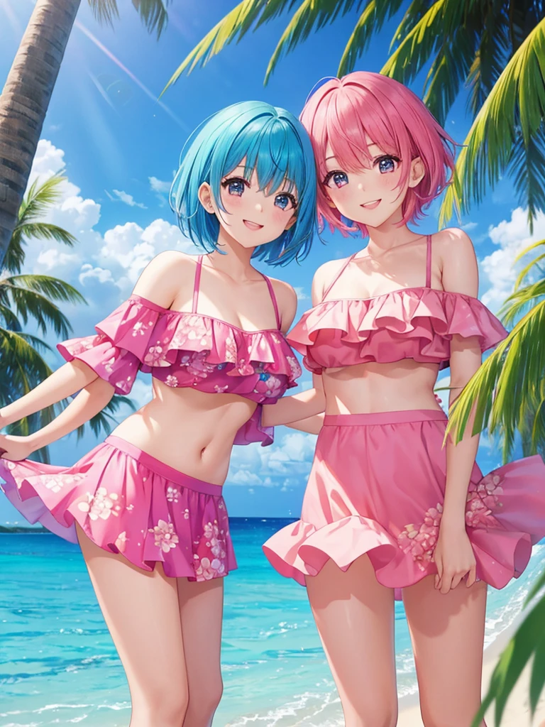 Again:zero,2 girls,(one girl:Againm,blue hair, short hair),(Other Girls:room,pink hair, short hair) ,Big breasts standing on a tropical beach in the Maldives。Sparkling, colorful, Floral, (She wears an off-shoulder bikini and a short flared skirt.), smile at the viewer, floating hair, bangs, looking at the viewer, cute face, masterpiece, highest quality, 8k wallpaper, High resolution, (scenery), perfect anatomy,cute,smile,