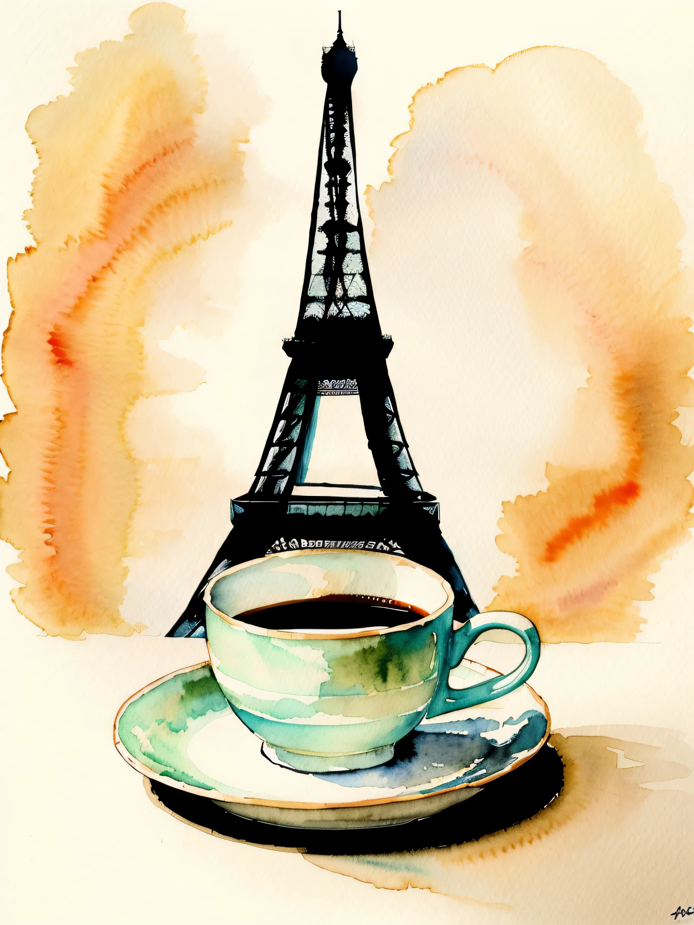 tasse de café, placé au sommet de la Tour Eiffel, style dessin aquarelle