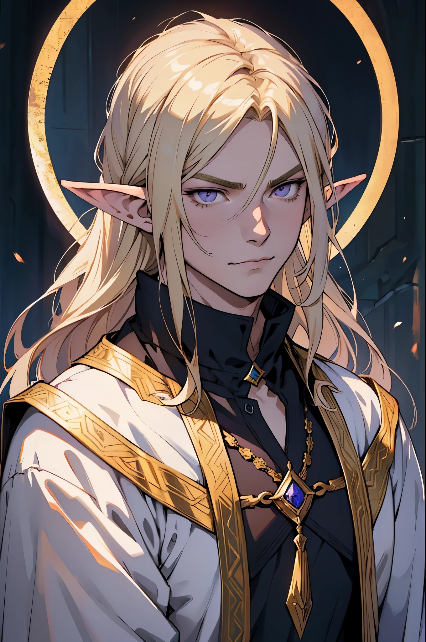 anime - style image of a young elf with purple eyes and blonde hair, blonde hair, blonde hair, a portrait of a male elf, beautiful male elf, a male elf, portrait of a young elf wizard, handsome guy in demon slayer art, elven male, young half elf wizard, beautiful androgynous prince, elven character with smirk, artwork in the style of guweiz, serious face,