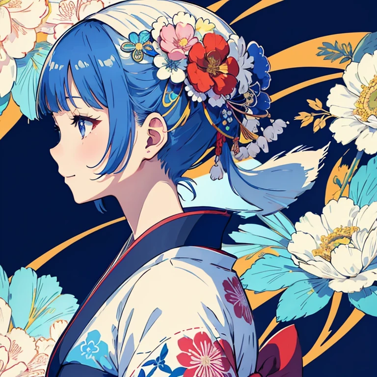(Japanese pattern background of flowers), 1 girl, solo, short hair, smiling, with bangs, blue eyes, hair ornament, closed mouth, blue hair, upper body, (colorful flowers dancing), colorful flowers, white hair, kimono, hair ornament, kimono, from side, profile, flower pattern,, beautiful hands