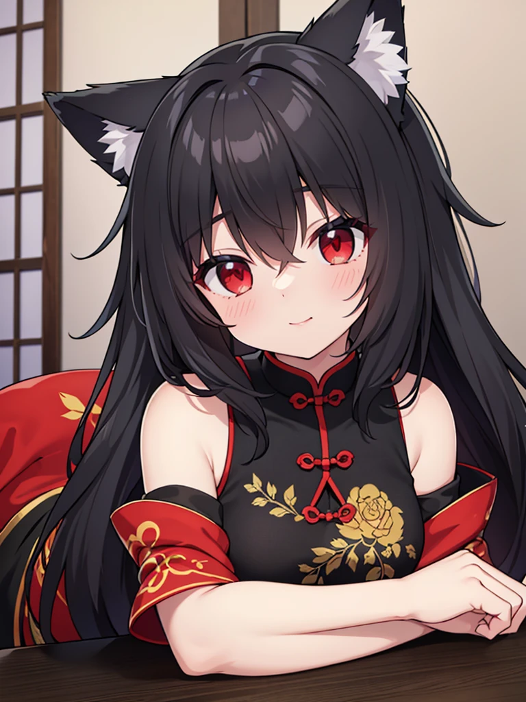 (best quality), (masterpiece), black hair, Ragged hair, wolf ears, red eyes, Black chinese dress, wink
