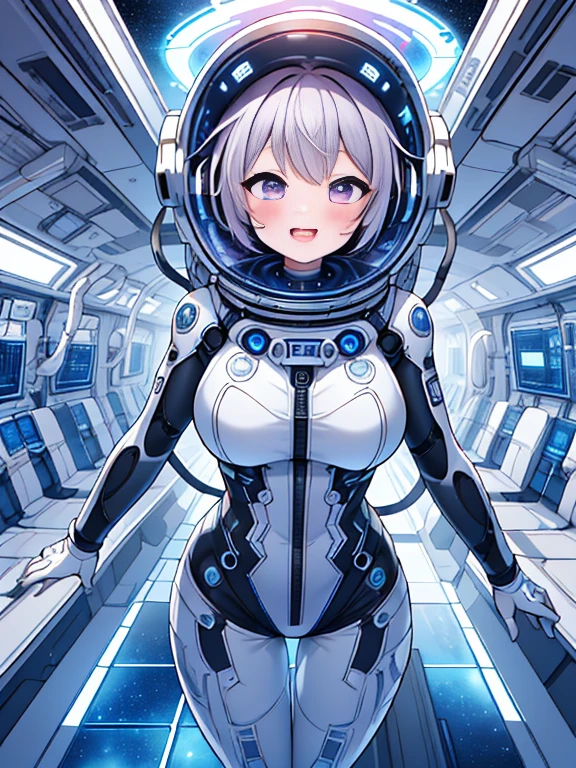 very detailed、masterpiece、high quality、one high school girl、12 years old、(helmet):1.4,(short hair),(Black and white spacesuit、accent)、front zipper、(futuristic, Tight Fit Bodysuit)、Cyberpunk space station interior background、(Colorful purple hair), (pink eyes),(beautiful eyes),mesugaki,girl,天才girl、(big breasts):1.0,(blush):1.1halo,(bing astronaut)headphone、
