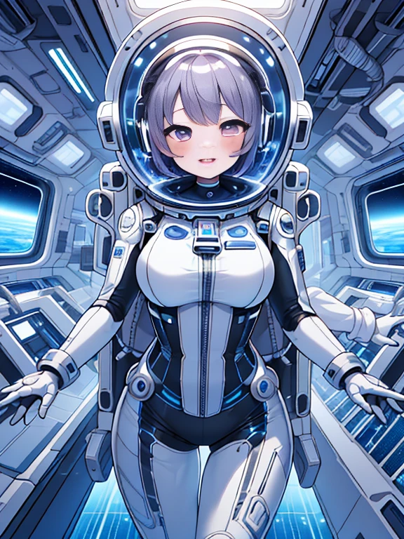 very detailed、masterpiece、high quality、one high school girl、、(helmet):1.4,(short hair),(Black and white spacesuit、accent)、front zipper、(futuristic, Tight Fit Bodysuit)、Cyberpunk space station interior background、(Colorful purple hair), (pink eyes),(beautiful eyes),mesugaki,girl,天才girl、(big breasts):1.0,(blush):1.1halo,(bing astronaut)headphone、