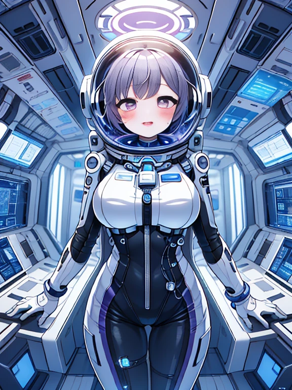 very detailed、masterpiece、high quality、one high school girl、12 years old、(helmet):1.4,(short hair),(Black and white spacesuit、accent)、front zipper、(futuristic, Tight Fit Bodysuit)、Cyberpunk space station interior background、(Colorful purple hair), (pink eyes),(beautiful eyes),mesugaki,girl,天才girl、(big breasts):1.0,(blush):1.1halo,(bing astronaut)headphone、