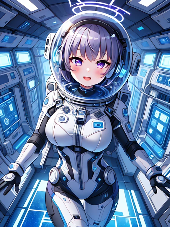 very detailed、masterpiece、high quality、one high school girl、、(helmet):1.4,(short hair),(Black and white spacesuit、accent)、front zipper、(futuristic, Tight Fit Bodysuit)、Cyberpunk space station interior background、(Colorful purple hair), (pink eyes),(beautiful eyes),mesugaki,girl,天才girl、(big breasts):1.0,(blush):1.1halo,(bing astronaut)headphone、