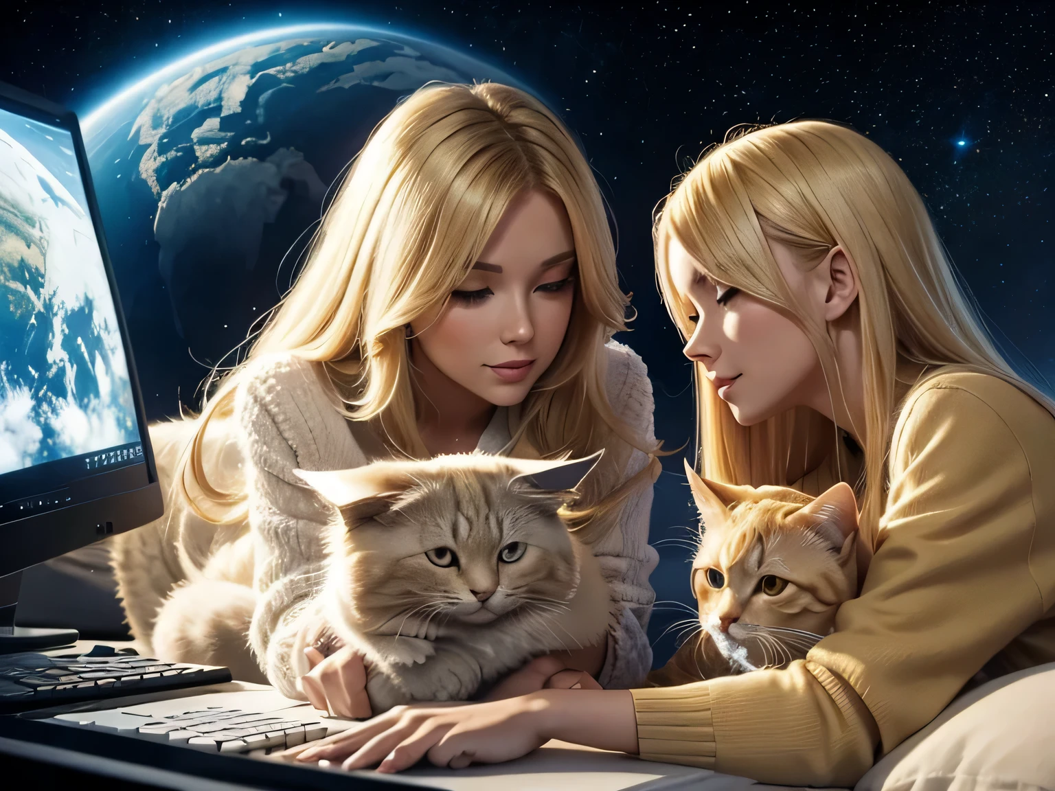 A very beautiful blonde and her cat are playing at the computer, space theme , good mood, fabulously beautiful, Remove one girl, the other one looks forward beautifully