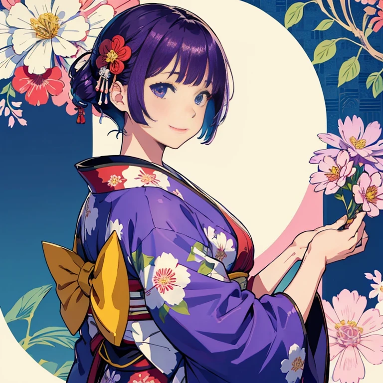 (Japanese pattern background of flowers), 1 girl, solo, short hair, smiling, bangs, blue eyes, hair ornament, closed mouth, purple hair, upper body, (colorful flowers dancing), colorful flowers, white hair, kimono, hair ornament, kimono, side view, profile, flower pattern, beautiful hands