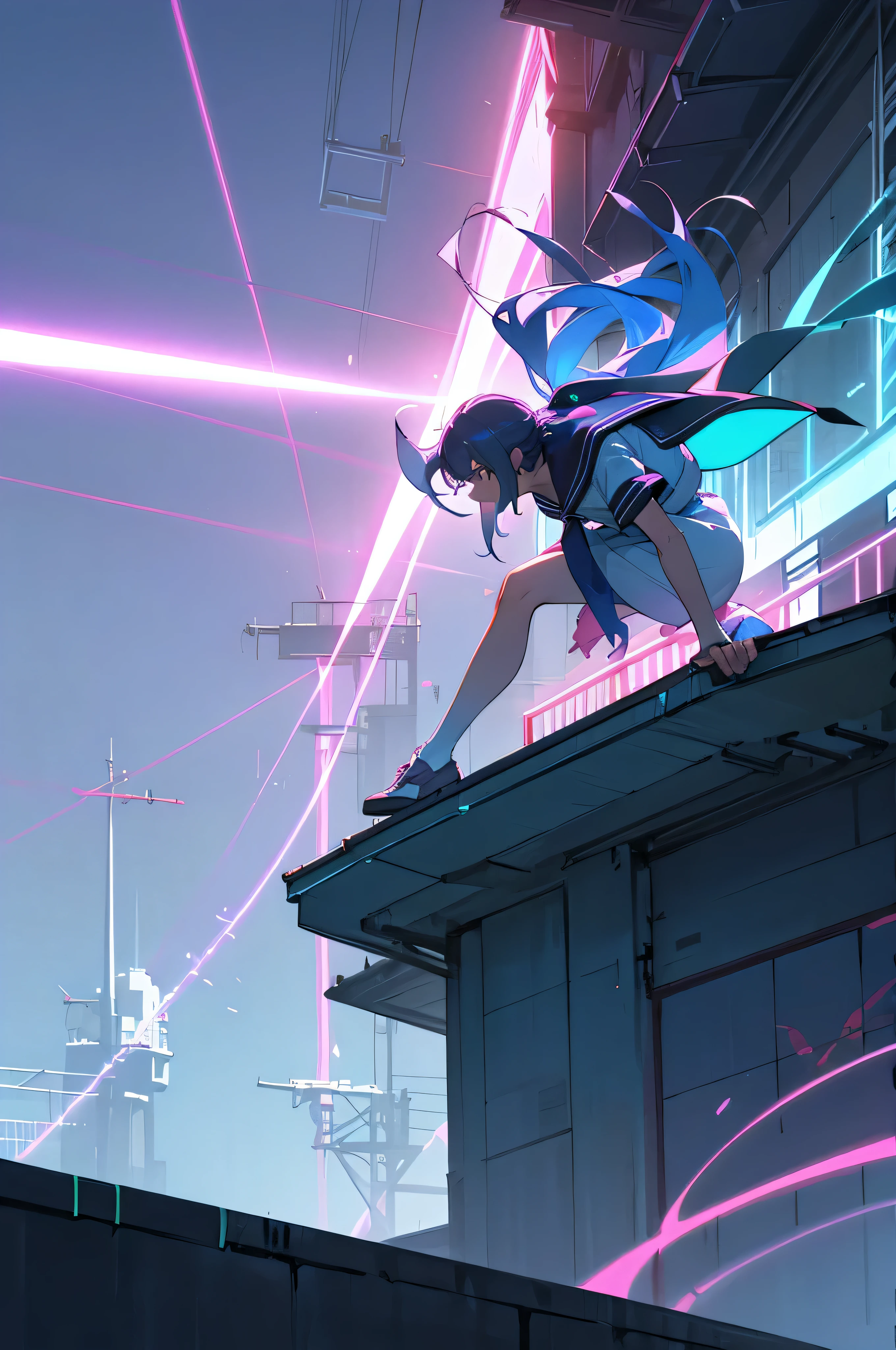 、long hair、Excessive exposure、Neon feeling、sailor suit、neon laser、Parkour、cool pose、scurry、chest、looking at the camera、planet、roof of the building