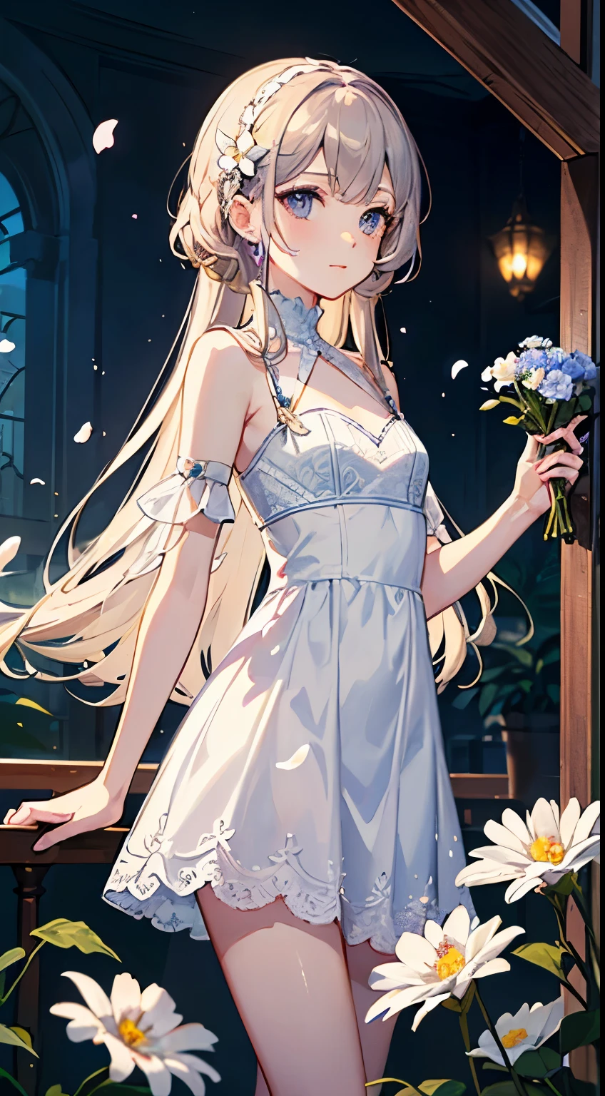 (masterpiece, best quality:1.6), white lace dress, cowboy shooting, thigh, beautiful girl, (flowers, many small white petals:1.3), garden, blue sky, looking at the audience, small waist, official art, original photo, Extremely ridiculous, Menko, dynamic lighting, Cinema lighting, Surreal, high resolution, photography, sharp focus, most detailed, Extremely detailed, Super detailed, fine details, Extremely detailed eyes and face