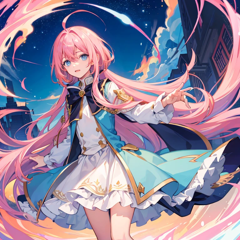 1boy, magical, long hair, pink hair, blue eyes, idol costume, ahoge, sunset, night view, starry sky, blue sky