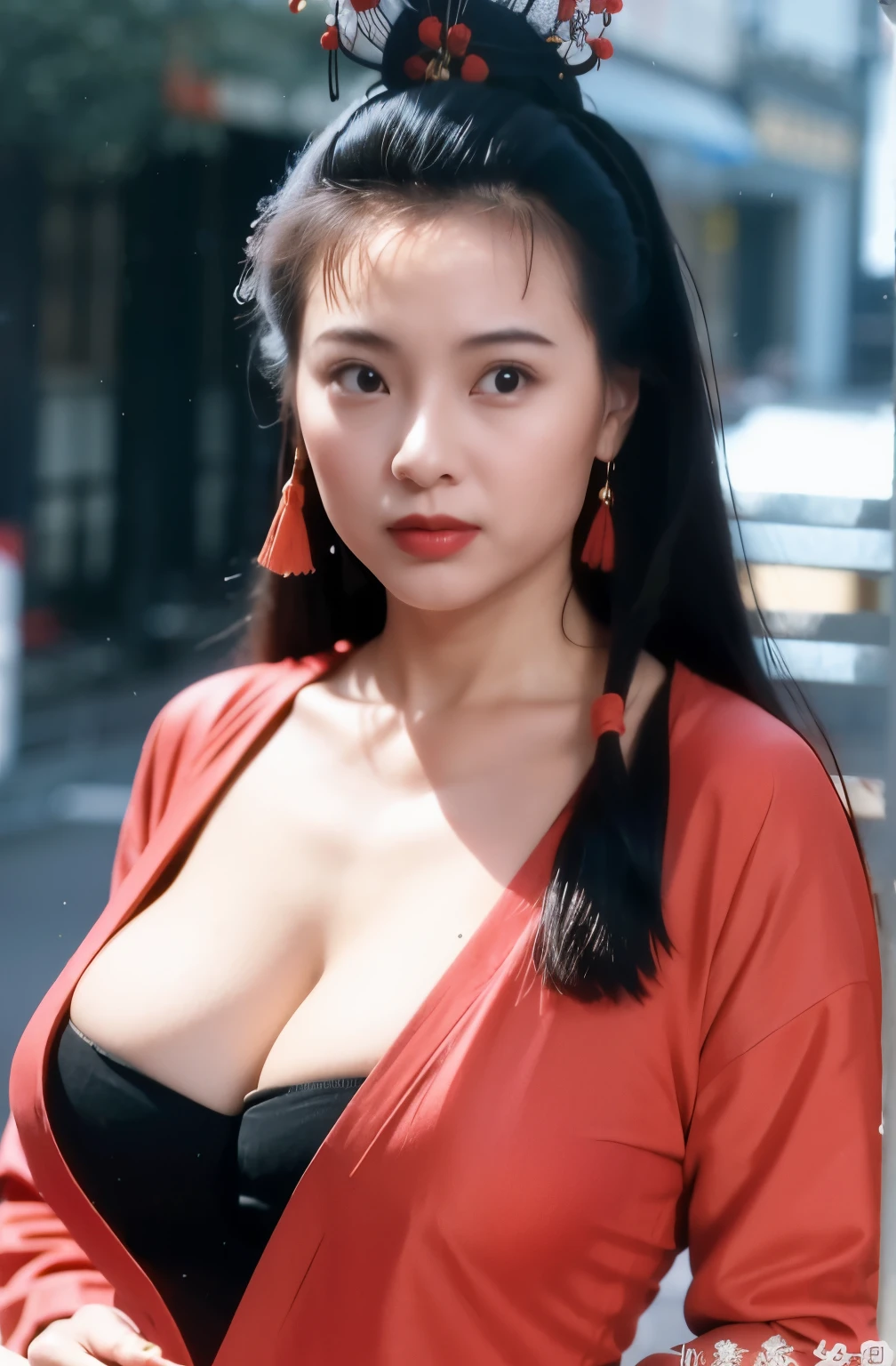 A woman stands in the street,He has a flower on his head, Maggie Cheung, xue han, yun ling, xintong chen, lulu chen, wu liu, wenfei ye, Lynch Peak, fan bingbing, Inspired by Pan Yuliang,Popular topics on cgstation, WLopp Glowing Skin, Open V-shaped corset,Lopp,Bust size and work,Huge cleavage,WLopp Glowing Skin, japanese goddess, The skin is wet and shiny!!, Breasts covered and SFW, Realistic perfect figure, Realistic gravure idols, Hyper-realistic picture, Oppei Cyberpunk, Beautiful and detailed body and face