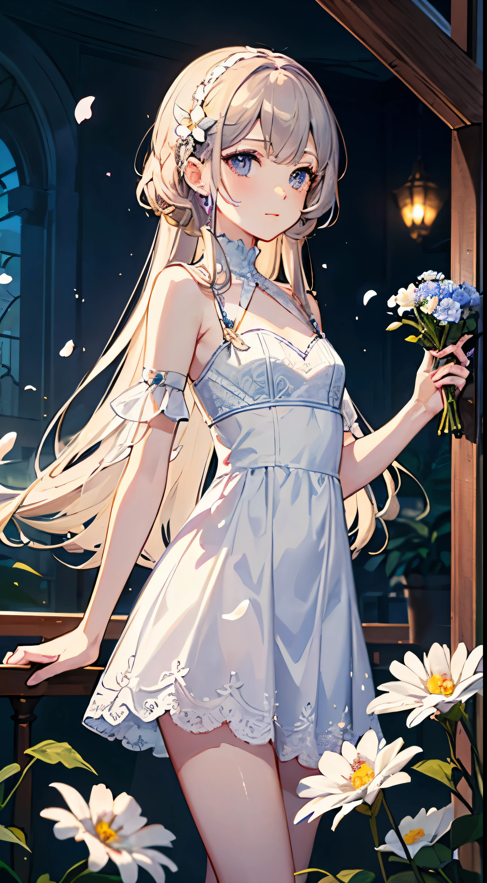 (masterpiece, best quality:1.6), white lace dress, cowboy shooting, thigh, beautiful girl, (flowers, many small white petals:1.3), garden, blue sky, looking at the audience, small waist, official art, original photo, Extremely ridiculous, Coordinating Minister, dynamic lighting, Cinema lighting, Surrealism, high resolution, photography, sharp focus, most detailed, Very detailed, super detailed, Exquisite details, Very detailed eyes and face