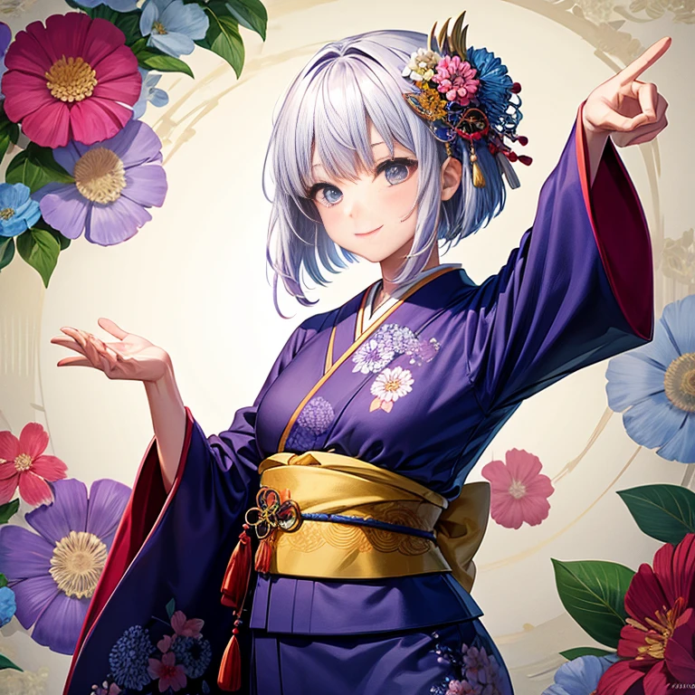 (Japanese pattern background of flowers), 1 girl, solo, short hair, smiling, bangs, blue eyes, hair ornament, closed mouth, purple hair, upper body, (colorful flowers dancing), colorful flowers, white hair, kimono, hair ornament, kimono, side view, profile, flower pattern, beautiful hands
