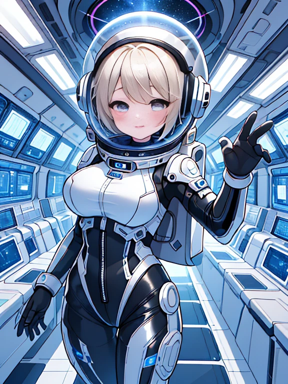 very detailed、masterpiece、high quality、one high school girl、12 years old、(helmet):1.4,(short hair),(Black and white spacesuit、accent)、front zipper、(futuristic, Tight Fit Bodysuit)、Cyberpunk space station interior background、(colorful golden hair), (pink eyes),(beautiful eyes),mesugaki,girl,天才girl、(big breasts):1.0,close mouth,(blush):1.1halo,(bing astronaut)headphone、