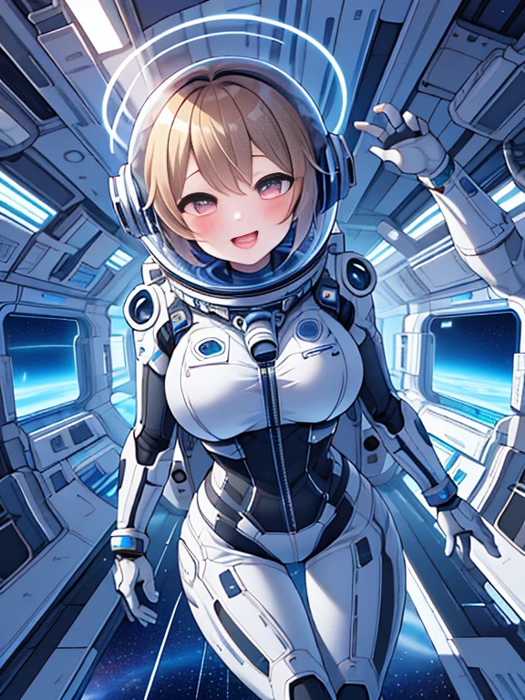 very detailed、masterpiece、high quality、one high school girl、12 years old、(helmet):1.4,(short hair),(Black and white spacesuit、accent)、front zipper、(futuristic, Tight Fit Bodysuit)、Cyberpunk space station interior background、(colorful golden hair), (pink eyes),(beautiful eyes),mesugaki,girl,天才girl、(big breasts):1.0,close mouth,(blush):1.1halo,(bing astronaut)headphone、