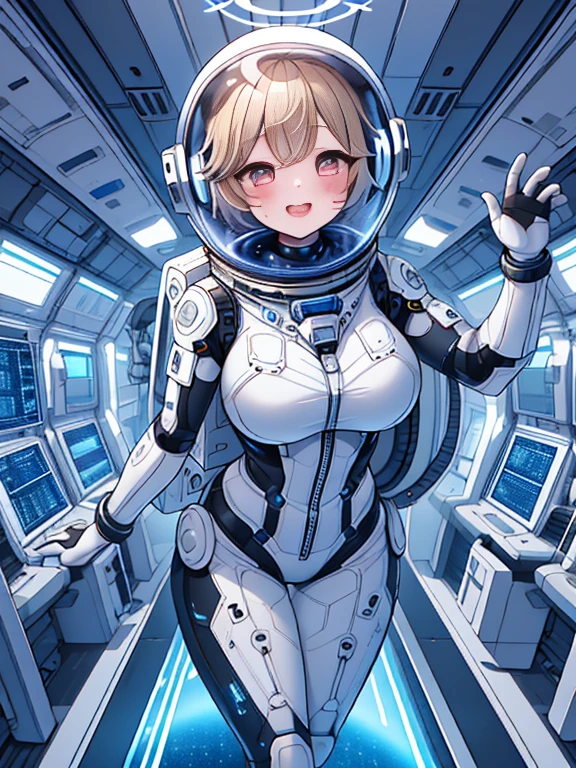 very detailed、masterpiece、high quality、one high school girl、12 years old、(helmet):1.4,(short hair),(Black and white spacesuit、accent)、front zipper、(futuristic, Tight Fit Bodysuit)、Cyberpunk space station interior background、(colorful golden hair), (pink eyes),(beautiful eyes),mesugaki,girl,天才girl、(big breasts):1.0,close mouth,(blush):1.1halo,(bing astronaut)headphone、