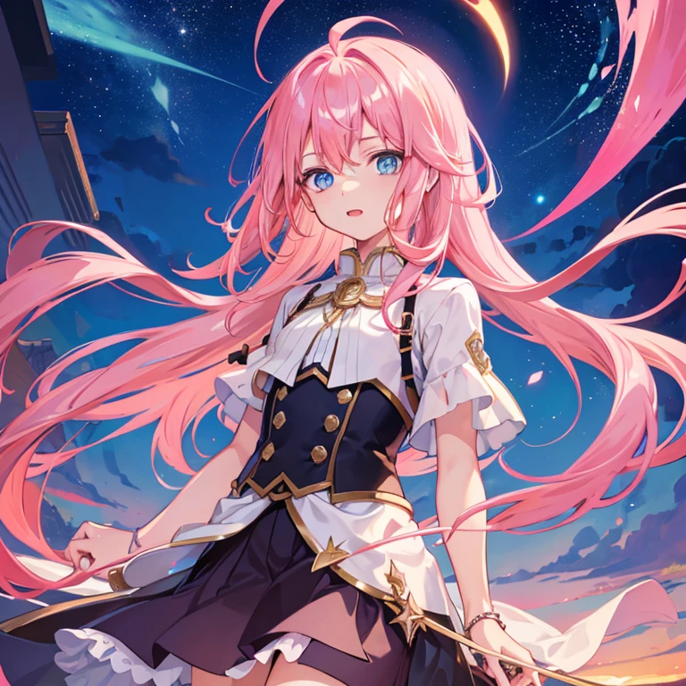 1boy, magical, long hair, pink hair, blue eyes, idol costume, ahoge, sunset, night view, starry sky, blue sky