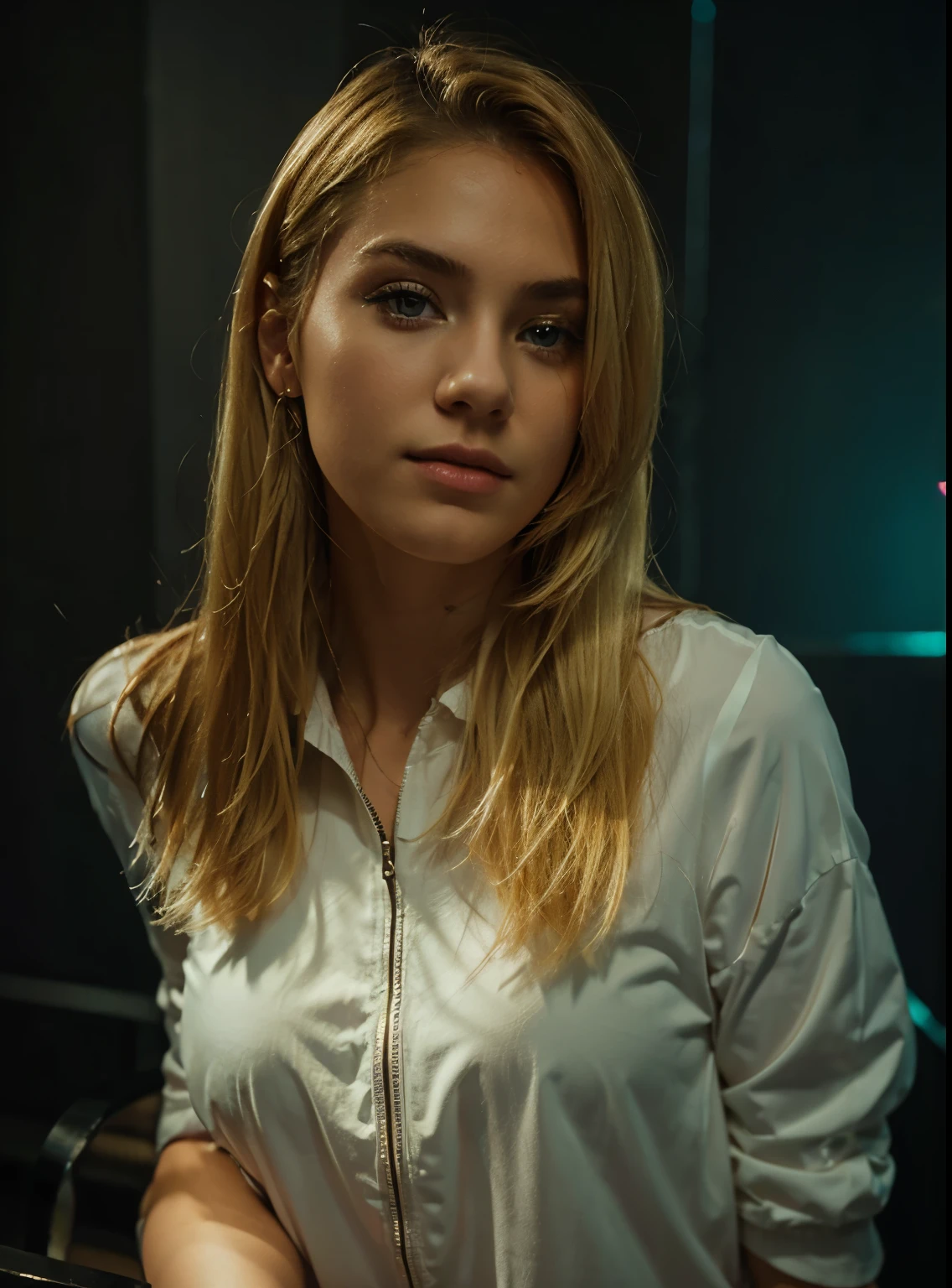 girl with blond hair. Photo studio background, neonlight