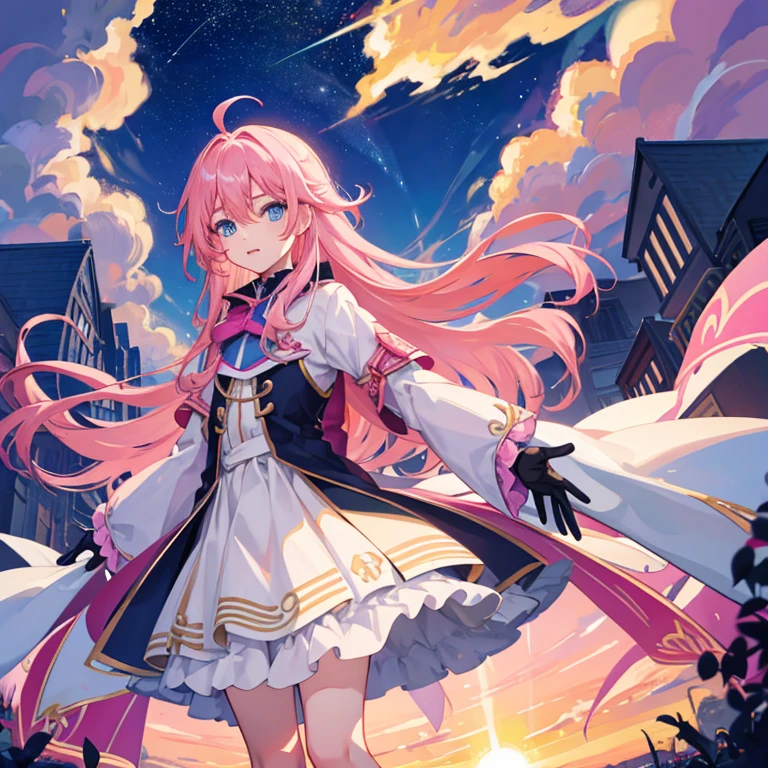 1boy, magical, long hair, pink hair, blue eyes, idol costume, ahoge, sunset, night view, starry sky, blue sky