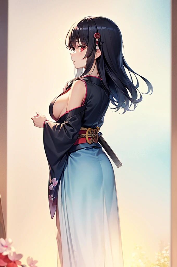 (((highest quality, masterpiece,Like Japan cartoons))), (red eyes,samurai girl),black hair,The back of the head is braided,medium breasts,cleavage,side boob,black kimono,broken kimono,Japan have a sword,Yoto Muramasa,closed mouth,1 girl
