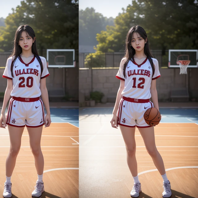 onoff,side-by-side photo,split screen,(8k, Best Quality, Masterpiece: 1.2), (Realistic, Realistic: 1.37), Ultra Detailed, Best Quality, Ultra High Resolution, Professional Lighting, Photon Mapping, Radiosity, Physically Based Rendering, Cinematic Lighting, Basketball court, depth of field, clear focus, sunlight, good composition, (bokeh: 1.2) 1girl,Japanese,20yo, solo, (full body),(mideum shot), (closed mouth), beautiful and detailed eyes, pose, narrow waist, basketball uniform, black hair , messy hair, long hair blowing in the wind, (ulzzang-6500:1.2) mix4, hiqcgbody