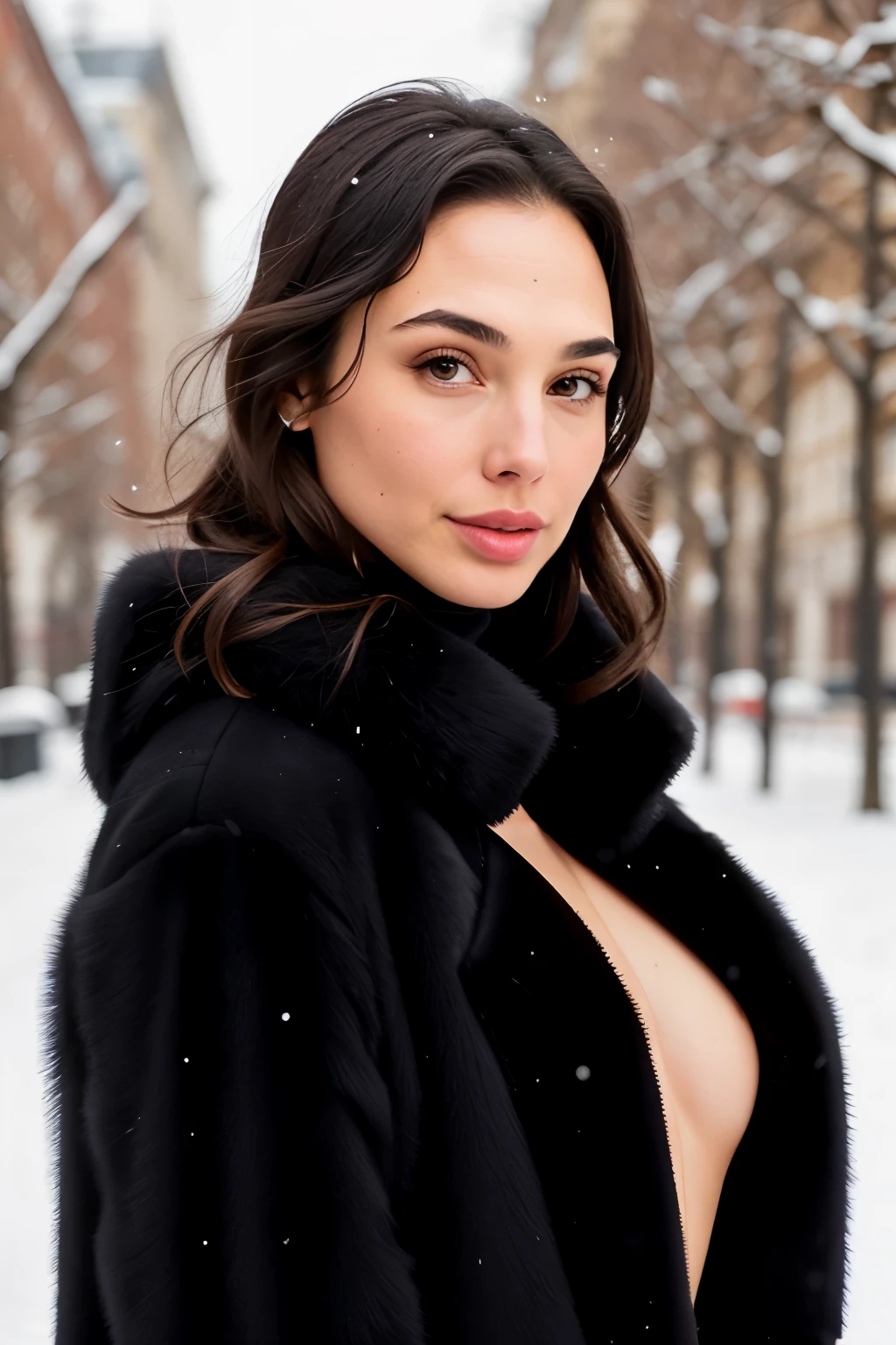 Gal Gadot's Winter Elegance: A Stroll in the Snow ─ A vision of sophistication and charm, Gal Gadot is captured on a frosty winter day. Clad in a long, elegant black fur coat that reaches the ground, she exhibits an unparalleled allure. 

Highly detailed, 34 years old, her captivating face is framed by naturally straight black hair that cascades down her shoulders. Her expressive, striking brown eyes are adorned with a subtle, mesmerizing makeup look. 

The resolution of this image is impeccable, a true masterpiece, where every element is meticulously crafted.