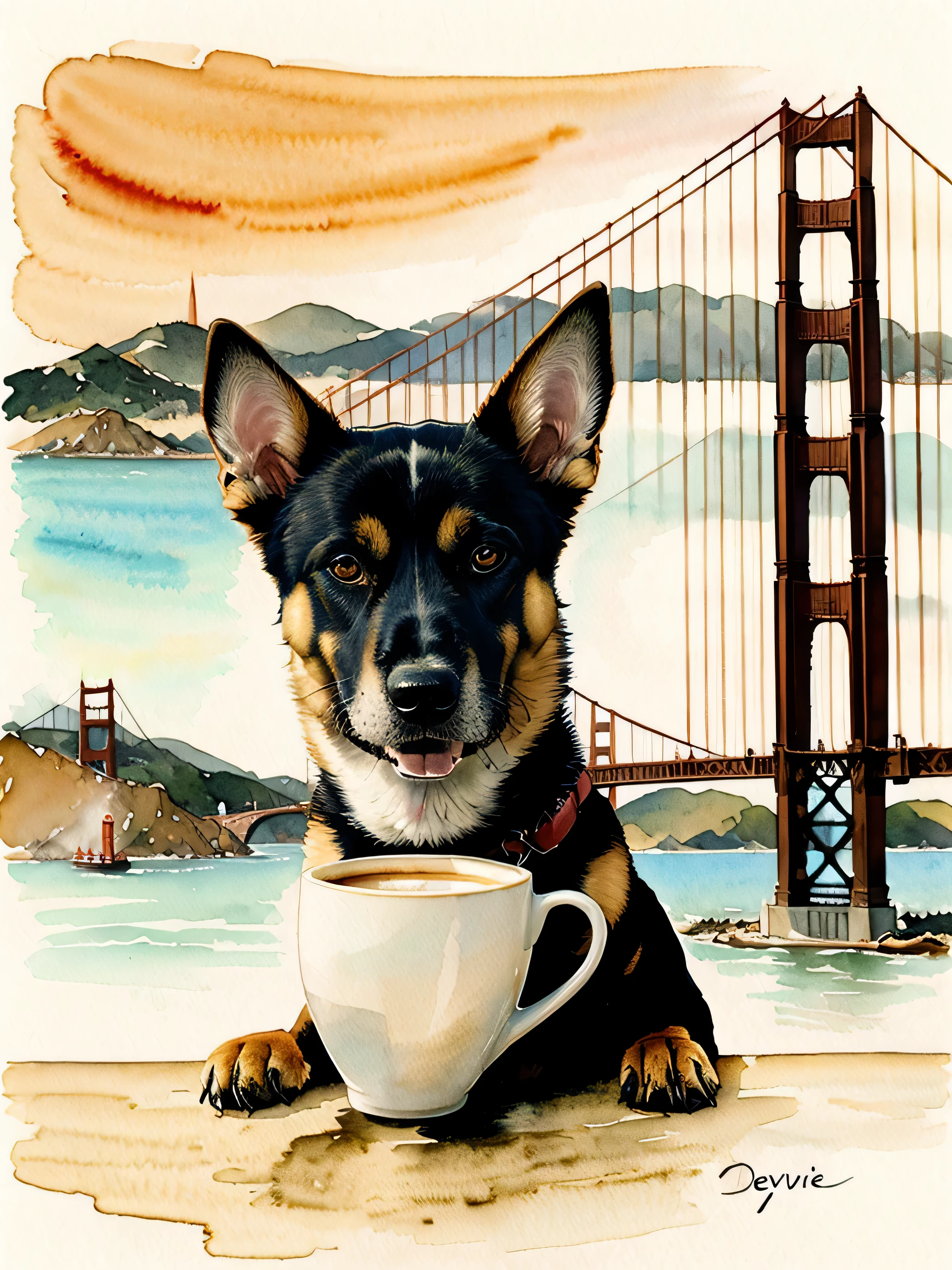 Chien Malinois qui boit une tasse de café, devant le Golden Gate Bridge, style dessin aquarelle