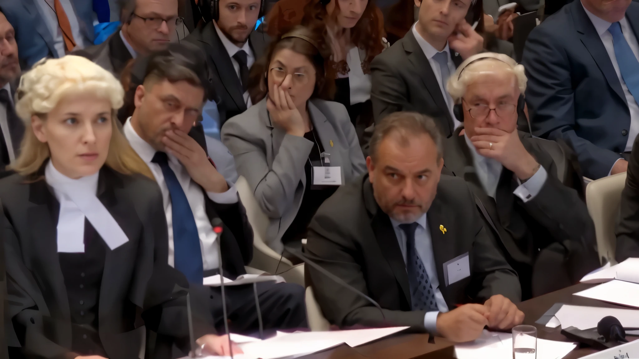 several people sitting at a table with microphones and papers, audience in the background, sitting at the parlament meeting, looking to his left, they are very serious, un meeting at the hague, serious focussed look, concerned expression, serious expression, jury, looking partly to the left, subtitles, very powerful, looking distracted and awkward