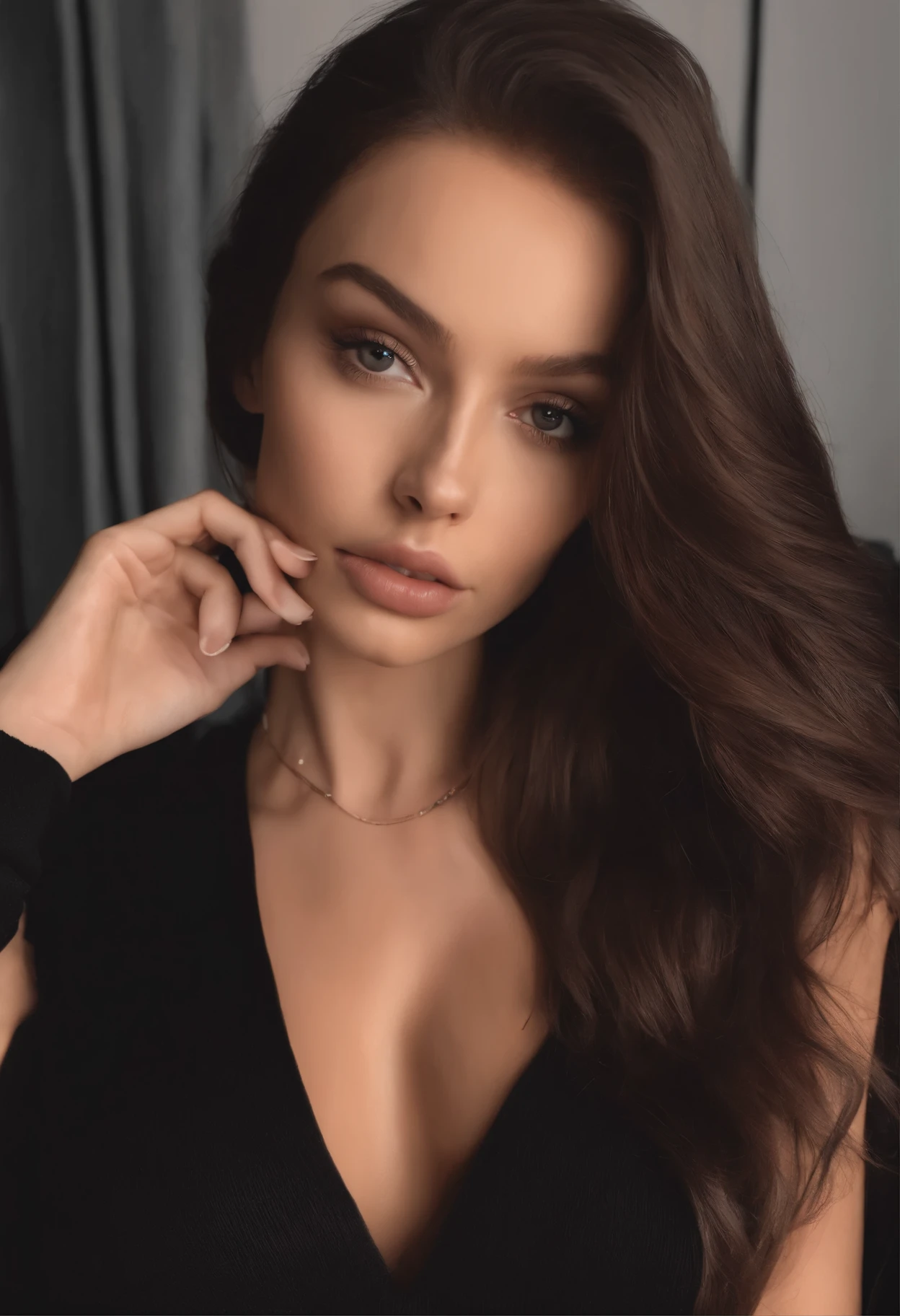 Arafed woman in black clothes, Sexy girl with brown eyes, Portrait of Sophie Mudd, brown hair and big eyes, selfie of a young woman, глаза In the bedroom, Violet Myers, No makeup, Natural makeup, looking straight into the camera, face with artgram, subtle makeup, amazing full body shot, In the bedroom, split