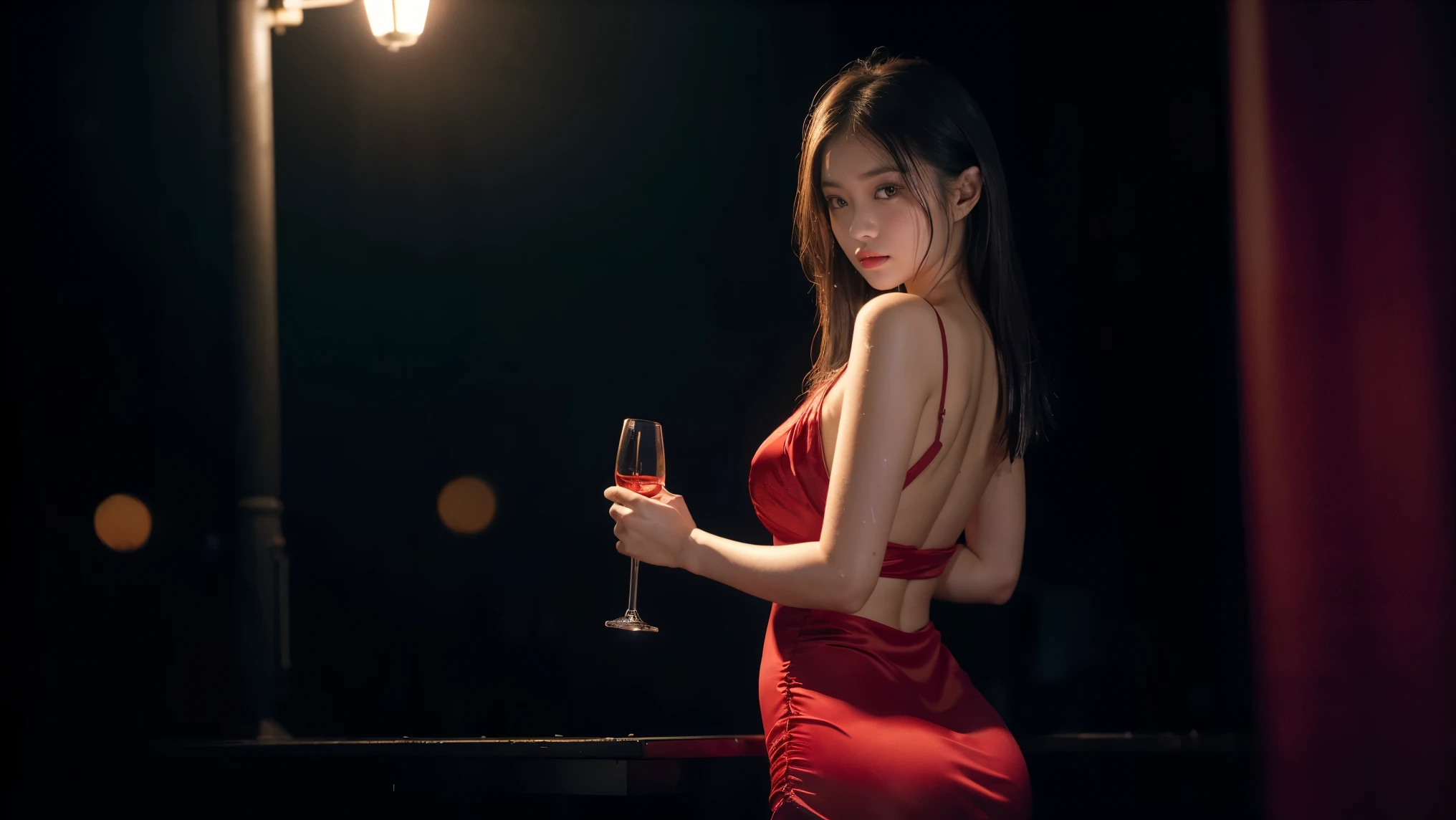 1girl,solo,long hair, Rough skin, from back, face focus,(looking at viewer:1.2),wet hair, dark,polaroid,(depth_of_field:1.5), underground dance club, hair between eyes, moody lighting, Tyndall effect, Cinematic Lighting, night, lamppost, lens flare, available light, rim light, glowing neon lights, curvy, Red silk dress, Thai girl, Drink a glass of wine while standing, Comfortable background, perfect decoration, lighting atmosphere, ((Bonifasko lighting)), (The round lenses on his eyes)(詳細な目), Perfect student