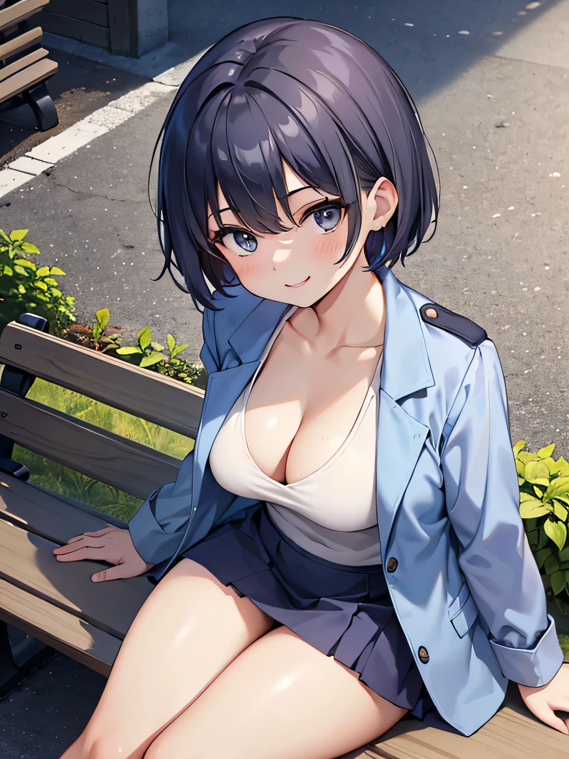 (1) A woman is sitting on a bench with a smile.
(2) women have short hair、I'm wearing a white V-neck innerwear。, Navy blue jacket, and a navy blue tight skirt.
(3) Cleavage in women is visible.
(4) The location is a bench on the roof of a building..